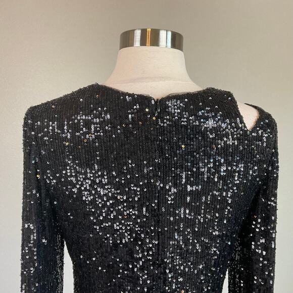 XSCAPE Sequined Long Sleeve Cut Out Mini Sheath Cocktail Dress Black Size 6 - Picture 7 of 10
